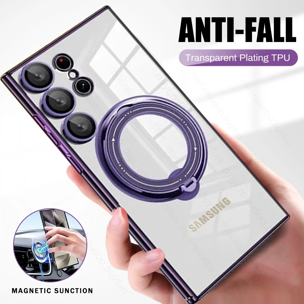 Plating Transparent Case For MagSafe Samsung Galaxy S24 Ultra Sumsung S 24 Plus S24Ultra Ring Stand Camera Protector Phone Cover