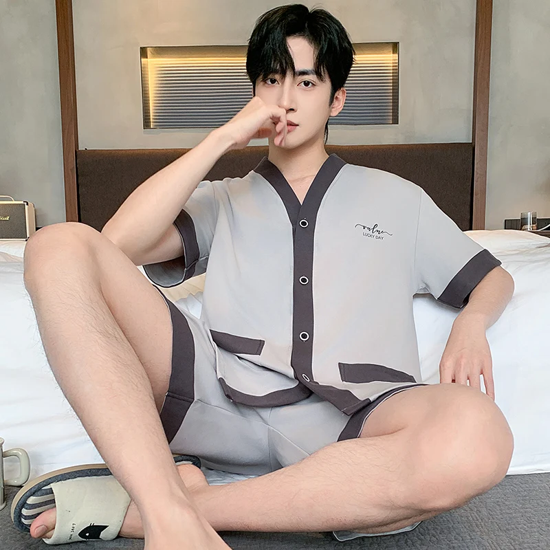 Men V-Neck Cardigan Kimono Pajamas Set Summer Short Sleeve Casual Tracksuit Sleepshirt+Shorts 2pc Pyjamas Male Big Yards Pijamas