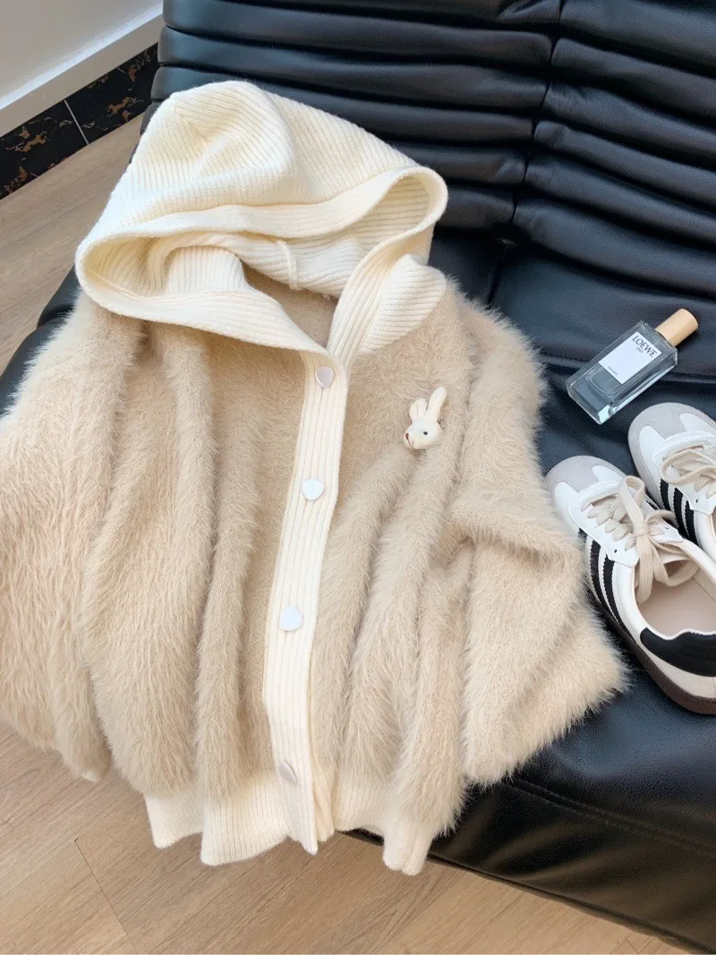 

Fluffy Rabbit Hooded Sweater Women's Autumn Winter New Lazy Style Soft Knitted Open Cardigan Warmth Heating Long Sleeve Loose...