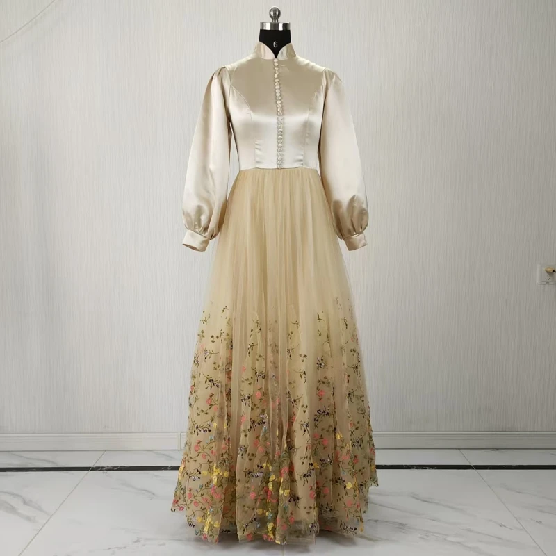 

Real Photo Modest Evening Dress Champagne Satin Embroidery Hgih neck Zipper Full Sleeve Plus size A-line Women Party Formal Gown