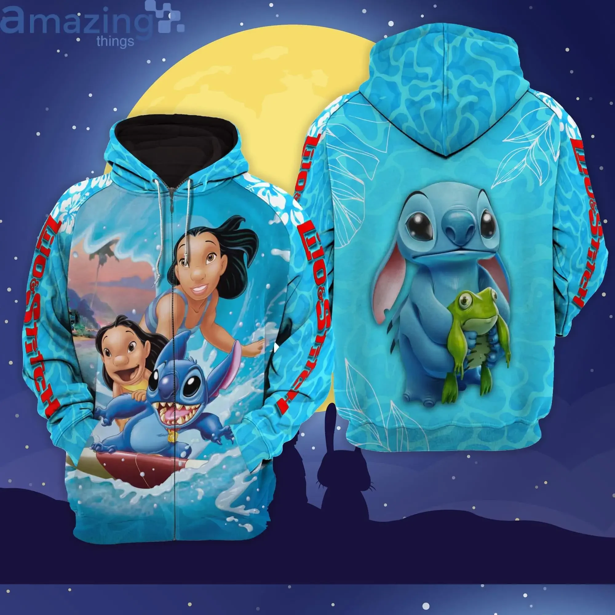 New Spring and Summer Hawaii Surfing Lilo & Stitch Disney Cartoon 3D Hoodie Zip Hoodie  Women's Clothes Oversize Casual  Hoodie