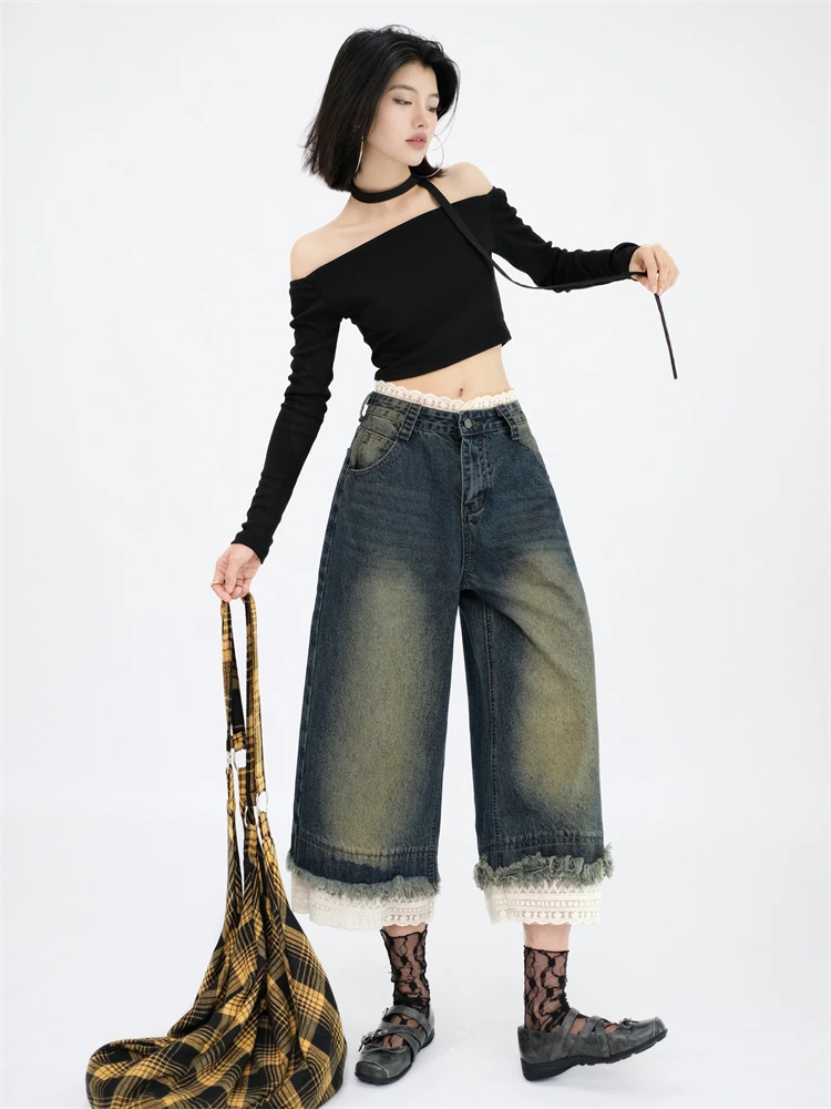 

Ретро-джинсовые шорты с кружевными вставками в американском стиле, женские летние дизайнерские бриджи с высокой талией, длина 7/8, в стиле INS