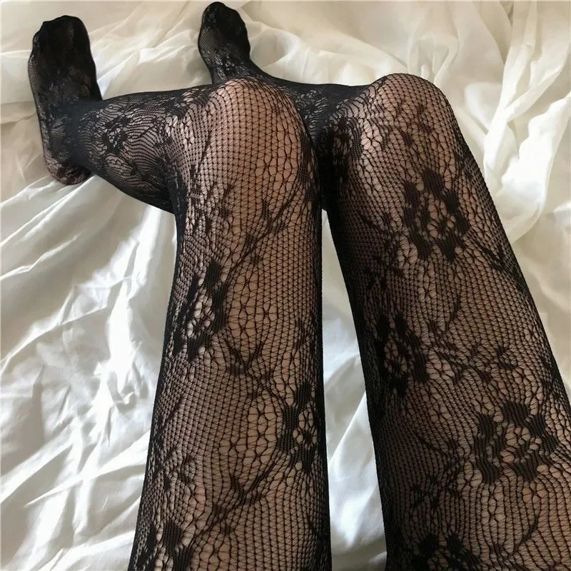 

Classic Hollowed Out Lace Mesh Stockings Rose Print Tights Bottomed Pantyhose Japanese Retro Floral Rattan White Stocking Tights