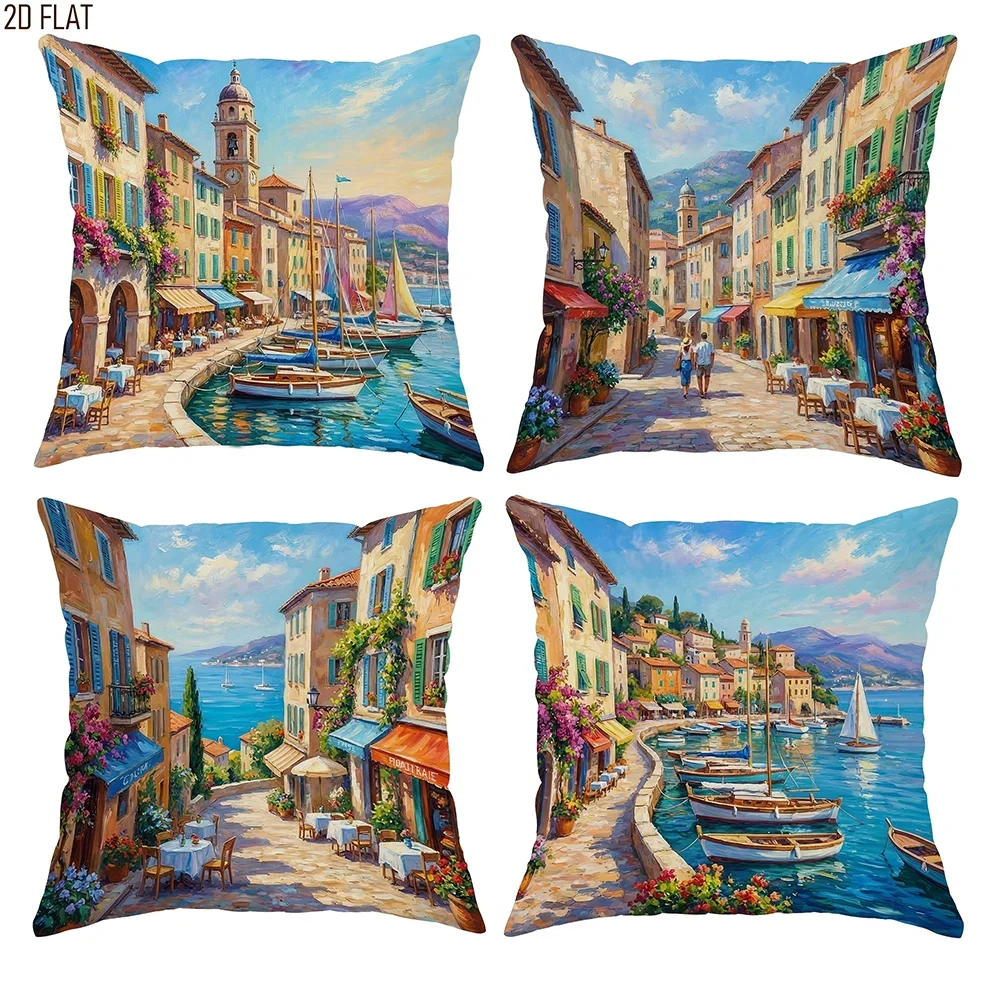 1/4pcs Mediterranean Coastal Town Oil Painting Throw Pillow Covers Home farmhouse outdoor decoration cushion cover