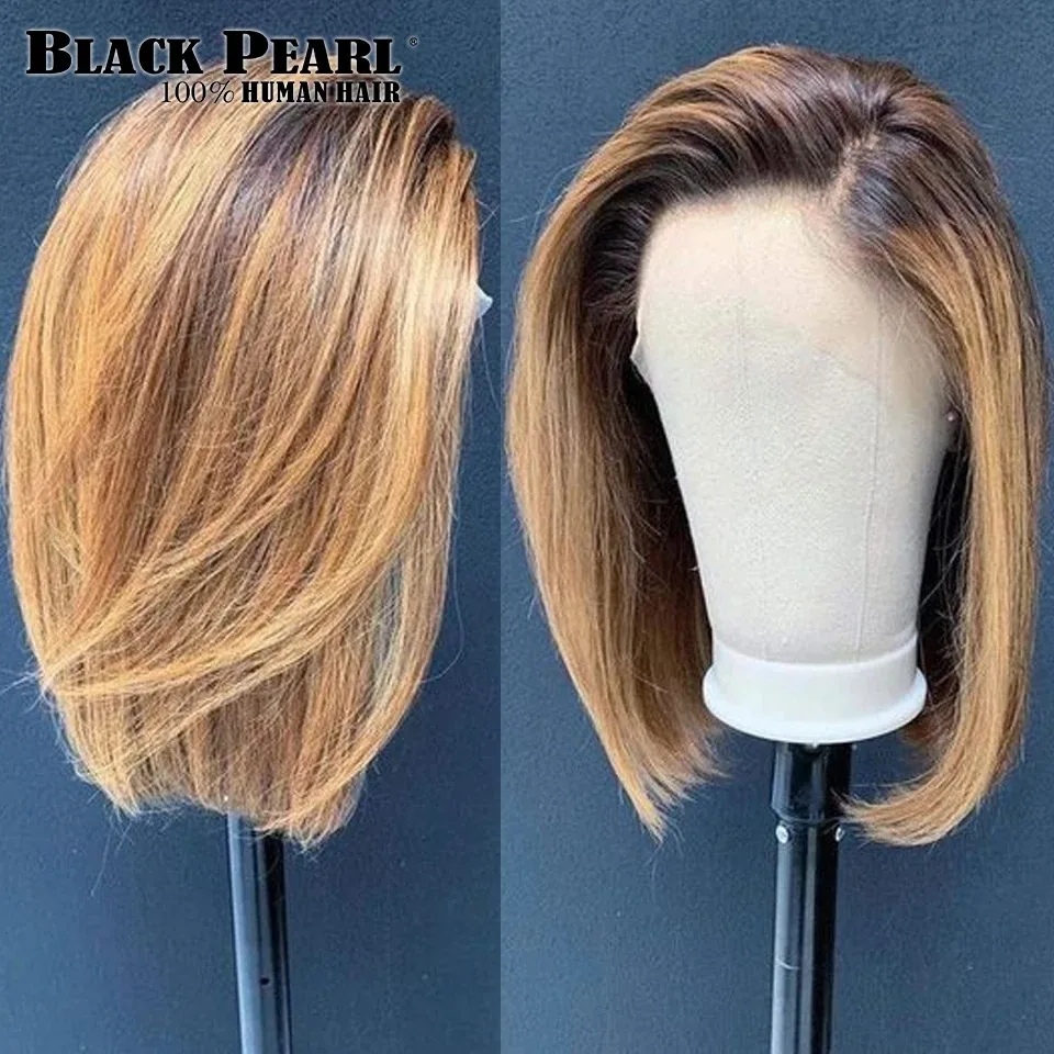 Pelucas frontales de encaje rubio miel sin pegamento, Bob corto, Ombre, 2 tonos, pelucas de cabello humano brasileño prearrancado con blanqueado Kn