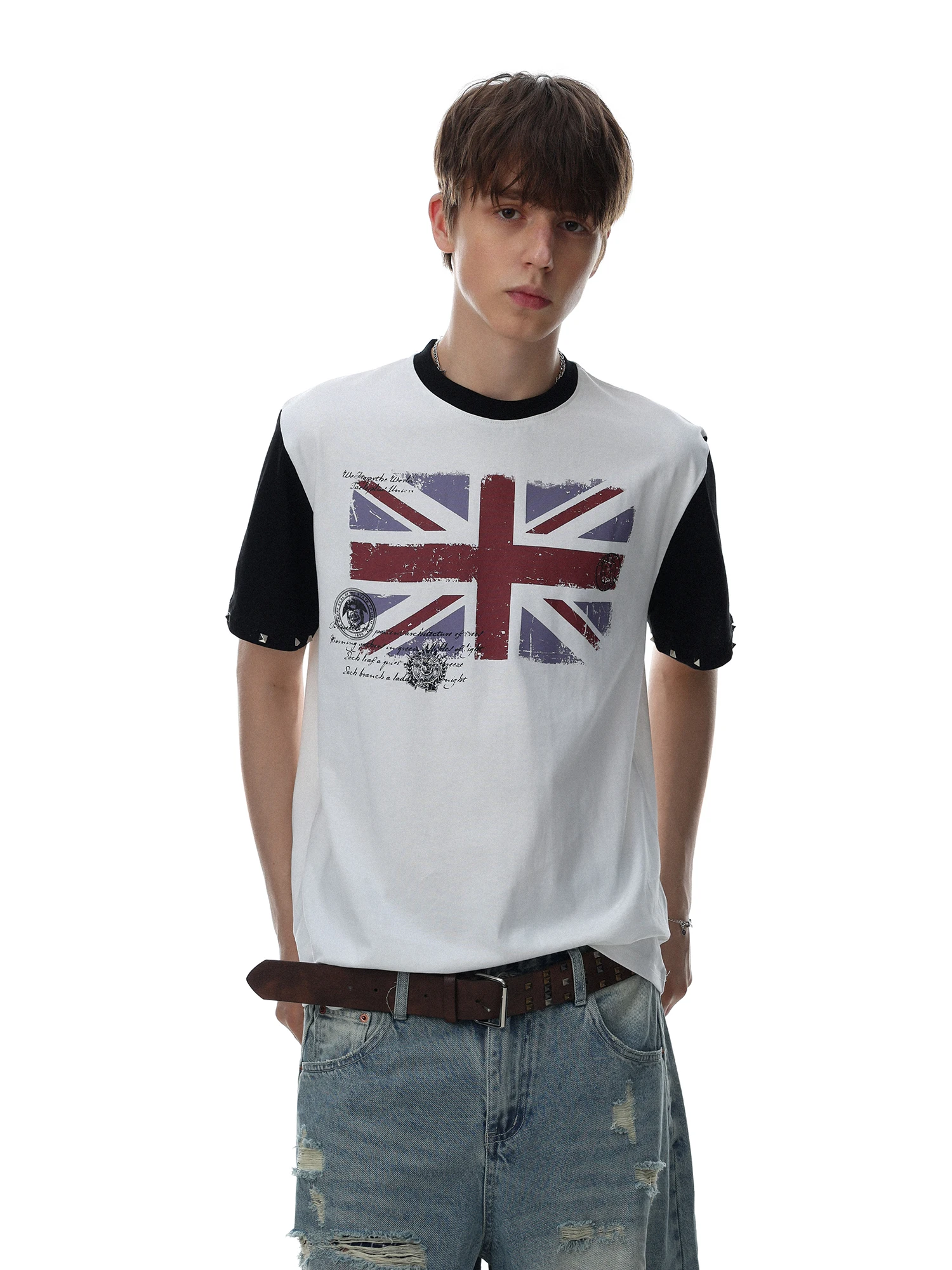 MRNEARLY American Retro Flag Print Short Sleeve Loose Fit round Neck T-Shirt Men's Summer Versatile Half Sleeve Trendy Top