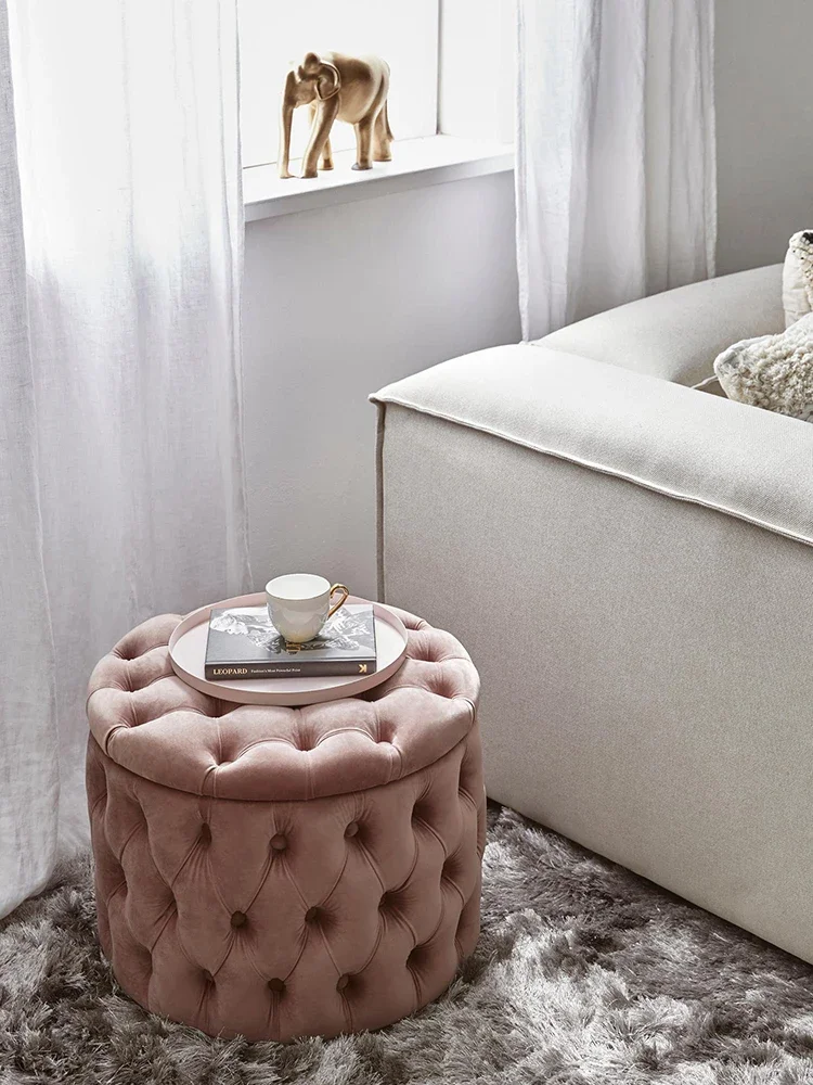 

Nordic sofa footstool living room bedroom footstool footstool Internet celebrity pink fabric storage stool round sofa