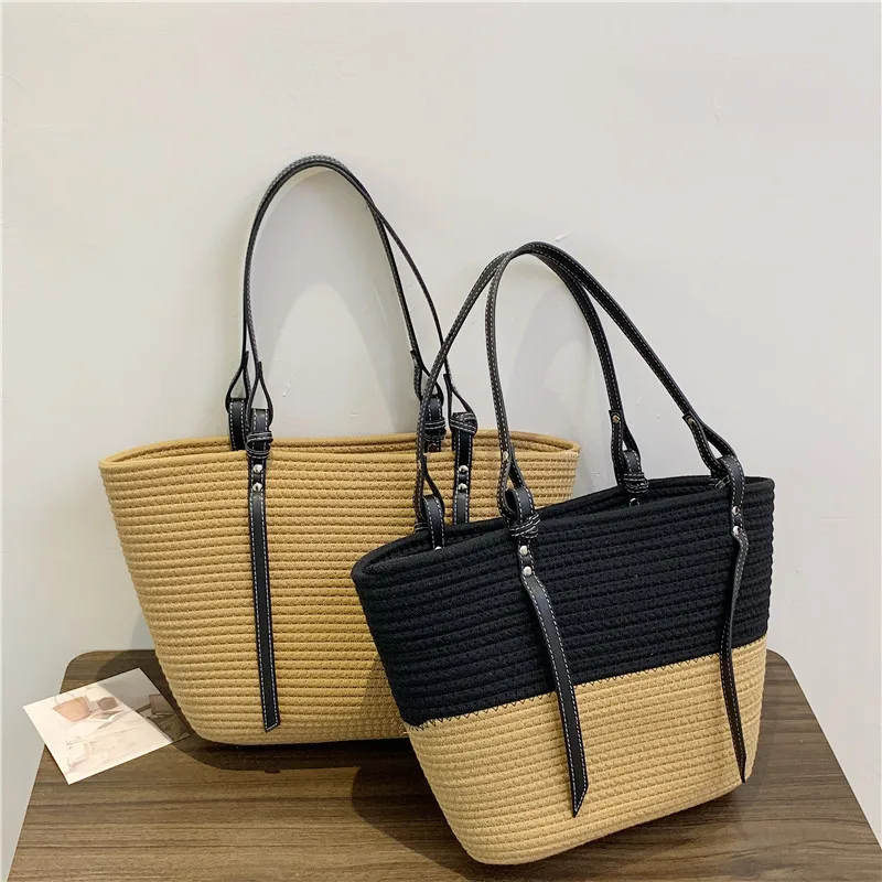

Large Capacity Tote Bucket Bag Cotton Thread Woven Large Bag Single Shoulder