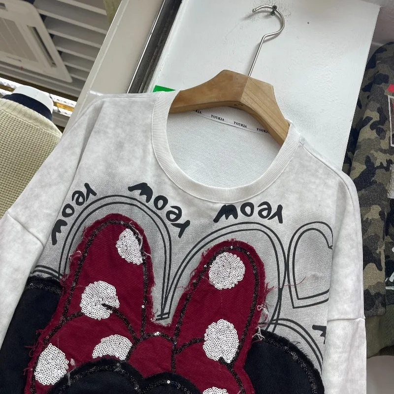 Y2k O-Neck Sudaderas Coat Heavy Industry Cartoon Patch Embroidery Long Sleeved T-shirt Hoodies Loose Casual Sweet Sweatshirt