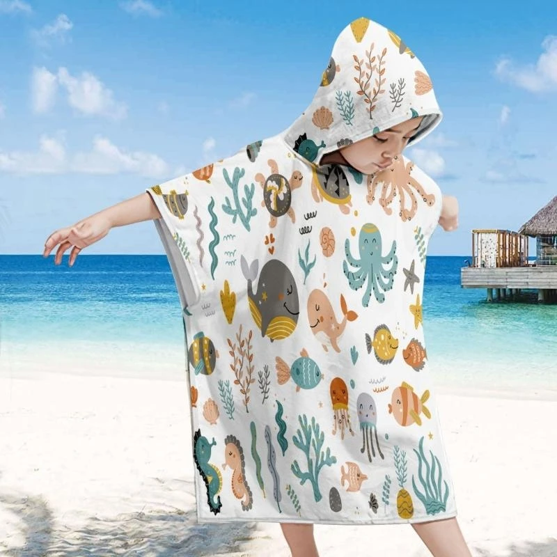

J15U Children's Bath Towel Hooded Cloak Bath Robe Cartoon Print Wearable Bath Towel Swimming Travel Beach Bathrobe for Baby