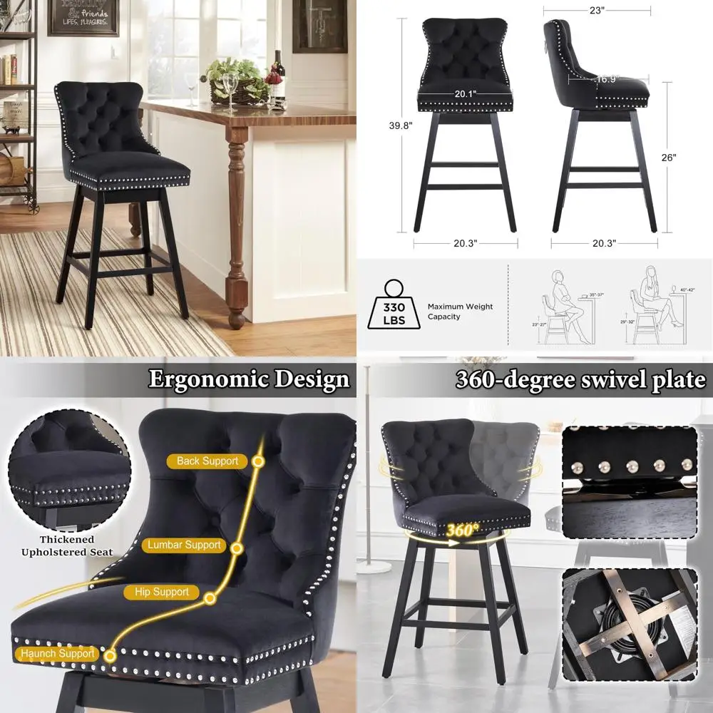 360 °   Taburetes de bar tapizados de terciopelo giratorios con respaldos, sillas de altura de mostrador de madera maciza