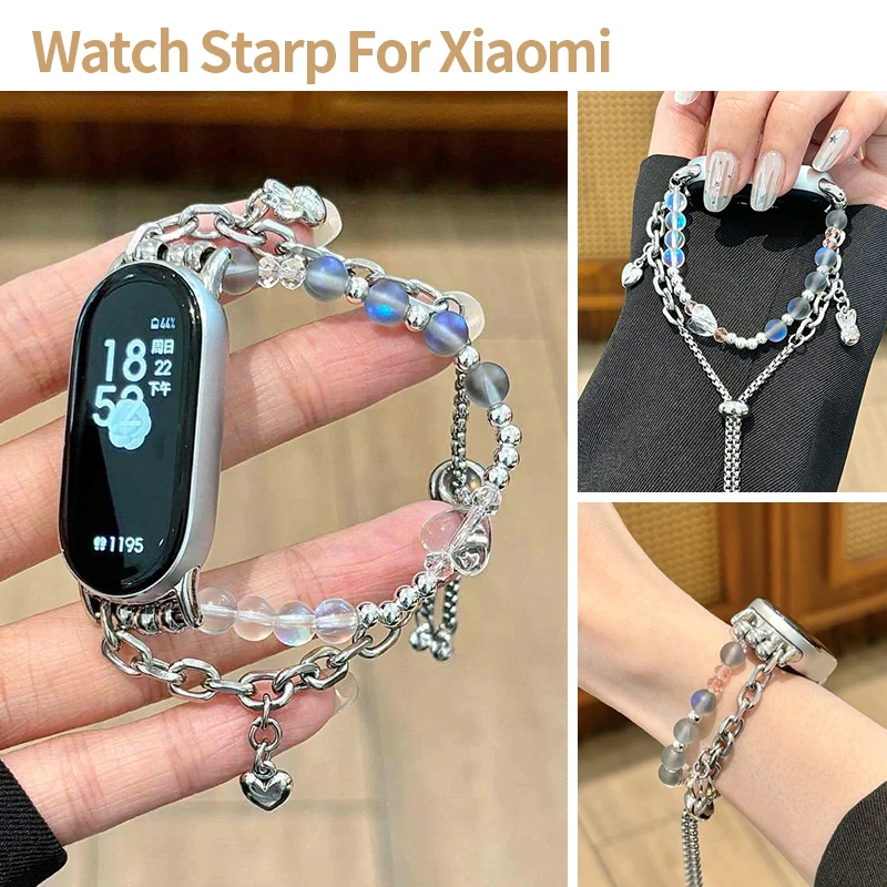 Cute Bead Bracelet Strap for Xiaomi MiBand 10 9 8 NFC 9pro 8pro Metal Chain Wristband for Redmi Watch 6 5 4 Rabbit Heart Pendant