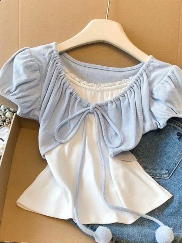 Vestido corto plisado estilo coreano para mujer, de manga corta abullonada, dulce y picante, ideal para fotografía o uso diario.
