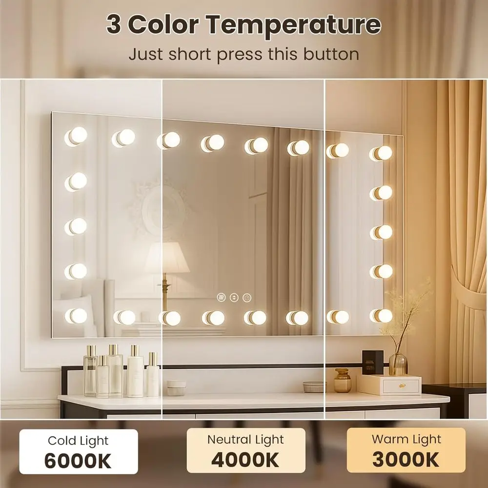 Espejo LED de pared de 40x28 pulgadas con 3 temperaturas de color, luces regulables, antivaho y inastillable