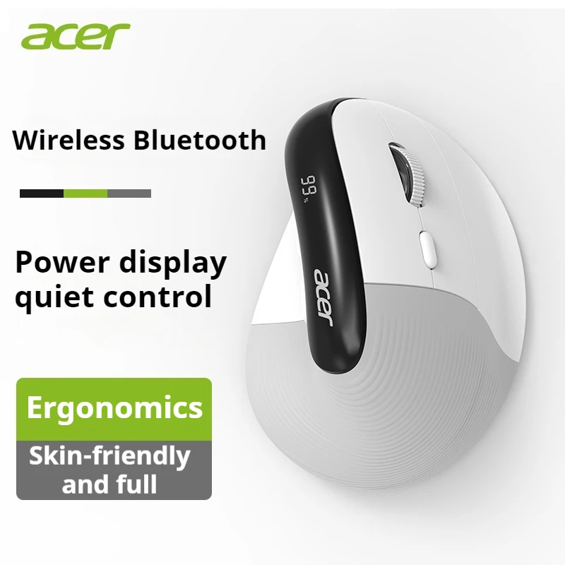 Acer Wireless Bluetooth Battery Display Silent Ergonomic Grip Comfortable Vertical Office Laptop Rechargeable Six Button Mouse