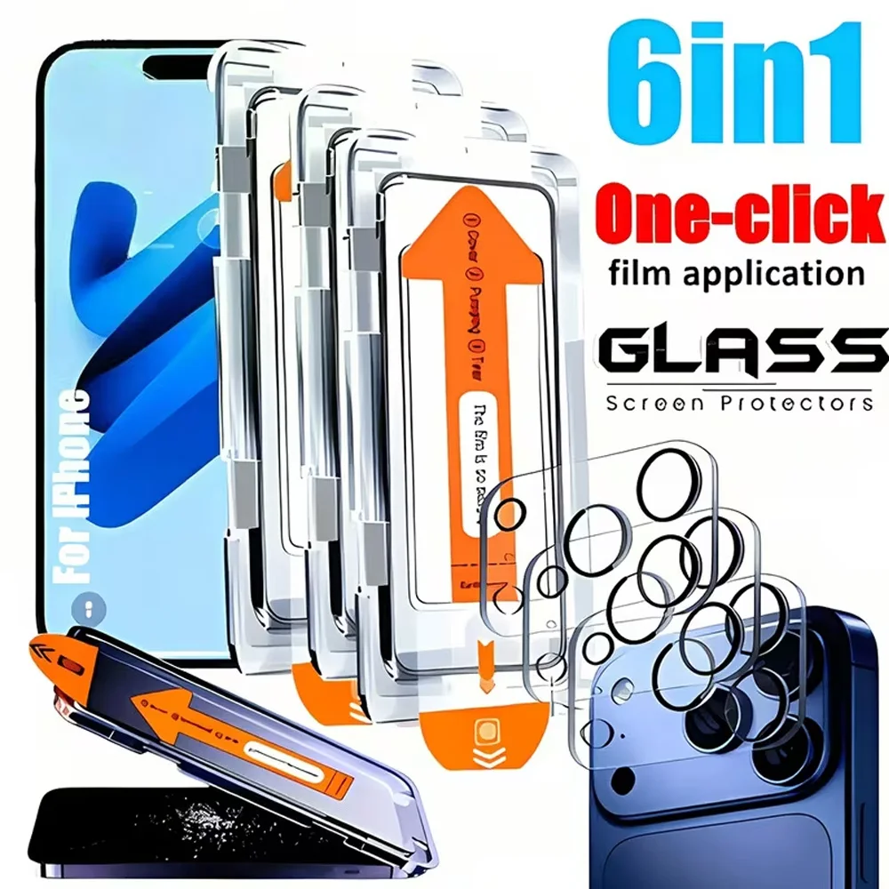 6-in-1-Displayschutzfolien und Kameraschutz mit automatischer Installation, staubdichte Box für iPhone 17 Pro Max 16 Pro, luftgehärtete Glasfolie
