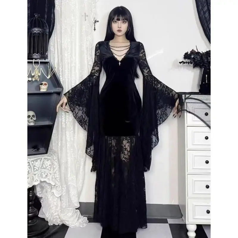 

Wansheng Dark Lady Gothic Style Lace Long Sleeve Dress Autumn and Winter New High-Grade Hip Skirt for Women