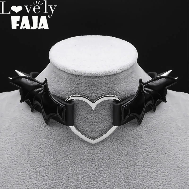 Harajuku Choker Sexy Heart Goth Punk Necklace Stainless Steel Pendant Leather Devil Bat Wings Necklaces Bondage Cosplay Jewelry