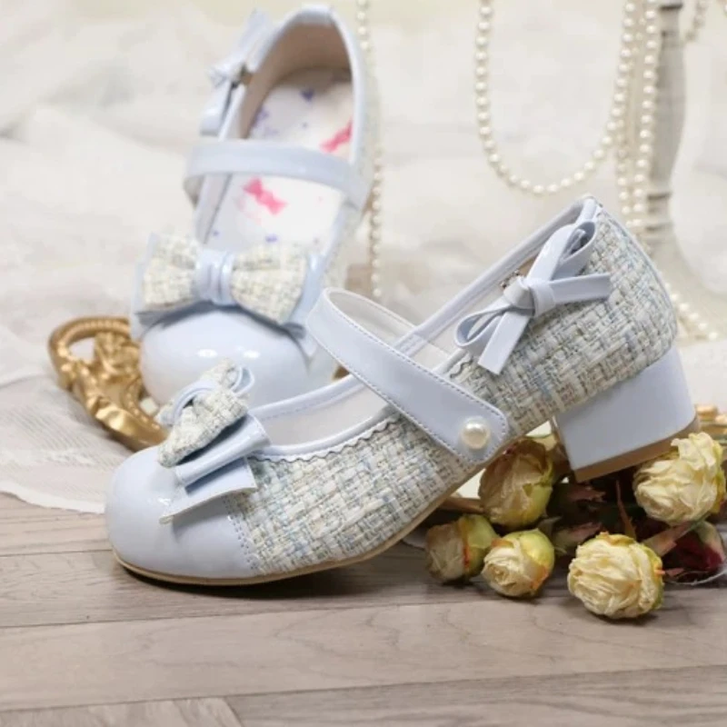 Japanese Original Sweet and Cute Lolita Bow Medium Heel High Heels Soft Sister Round Head Bow Mary Jane Women's Single Shoes