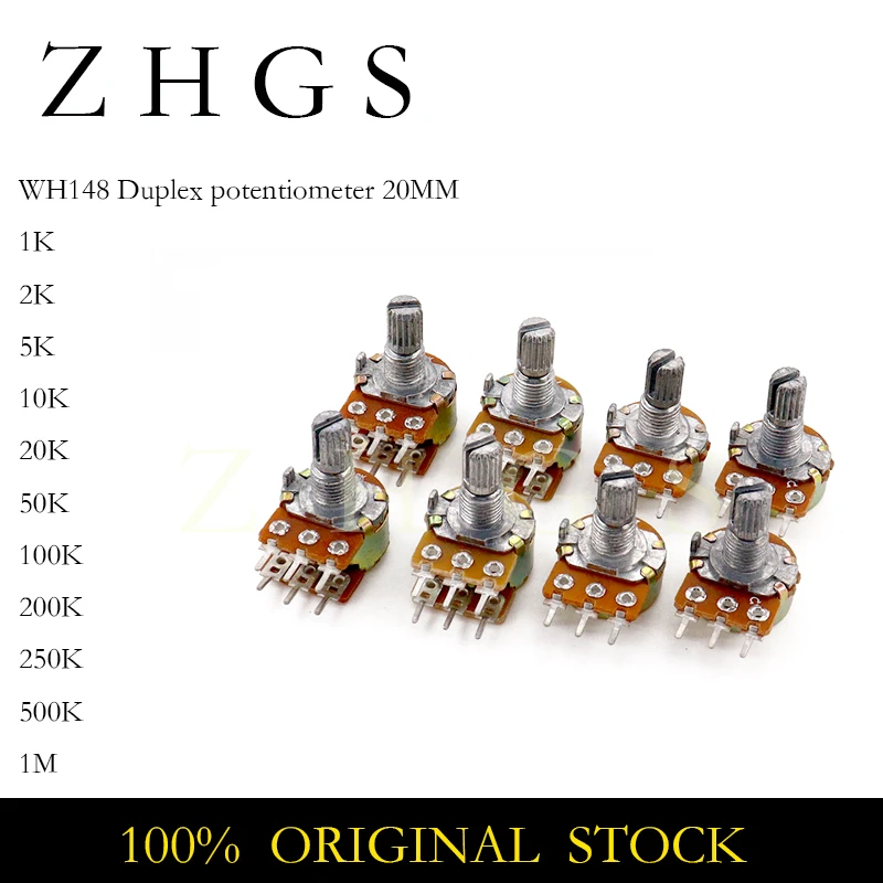10PCS WH148 20mm 6pin Linear Potentiometer With Nuts And Washers 1K 2K 5K 10K 20K 50K 100K 250K 1M Potentiometers Kit