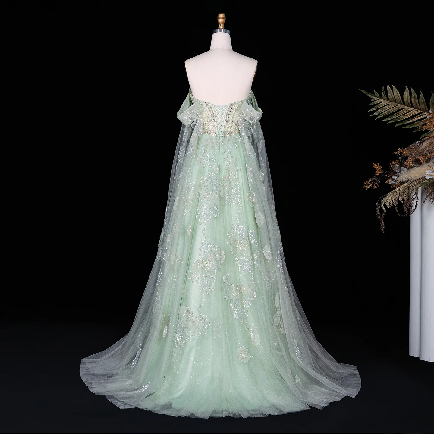 Sharon Said Dubai Luxuriöses Schulterfreies Abendkleid mit Cape-Ärmeln aus Tüll, Arabisches Damen-Hochzeitskleid, Formelle Ballkleider SS754 Maßanfertigung – Detail 9