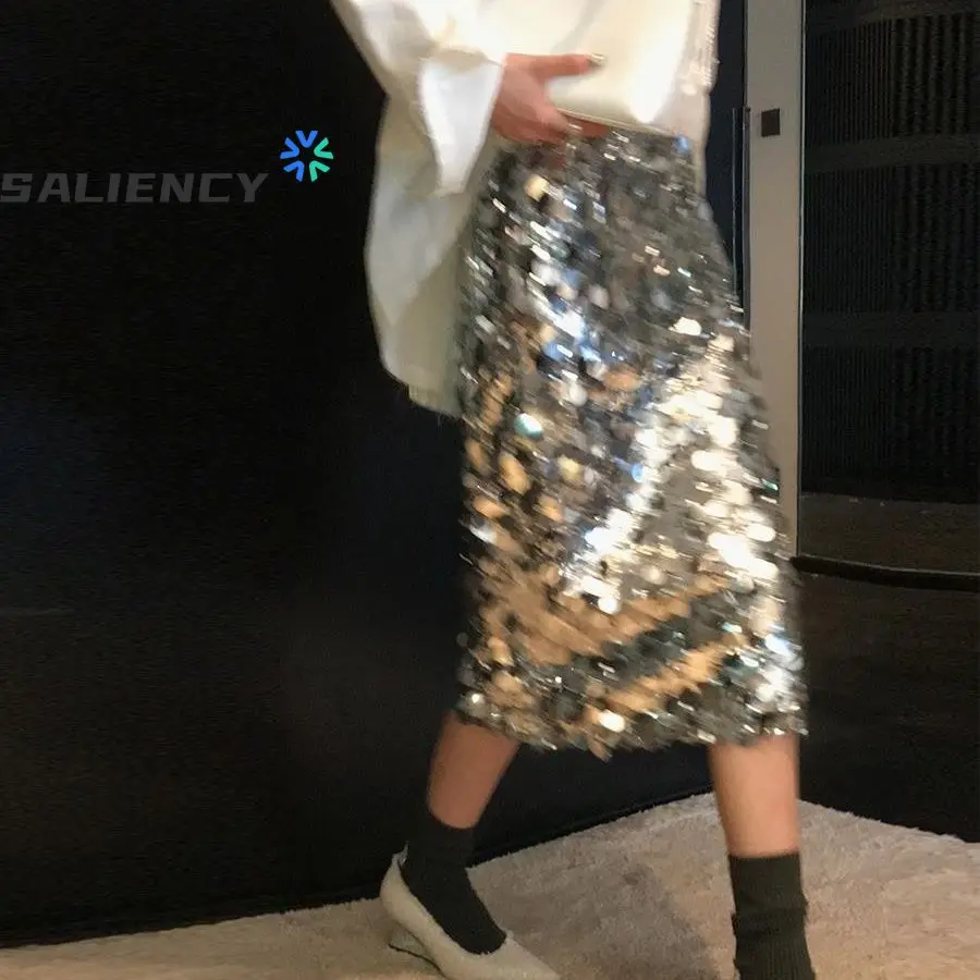 SALIENCY Silver Sequin Skirt Woman High Waist Shiny Glitter Elegant Unique Mid-Length Skirt Y2k Skirts