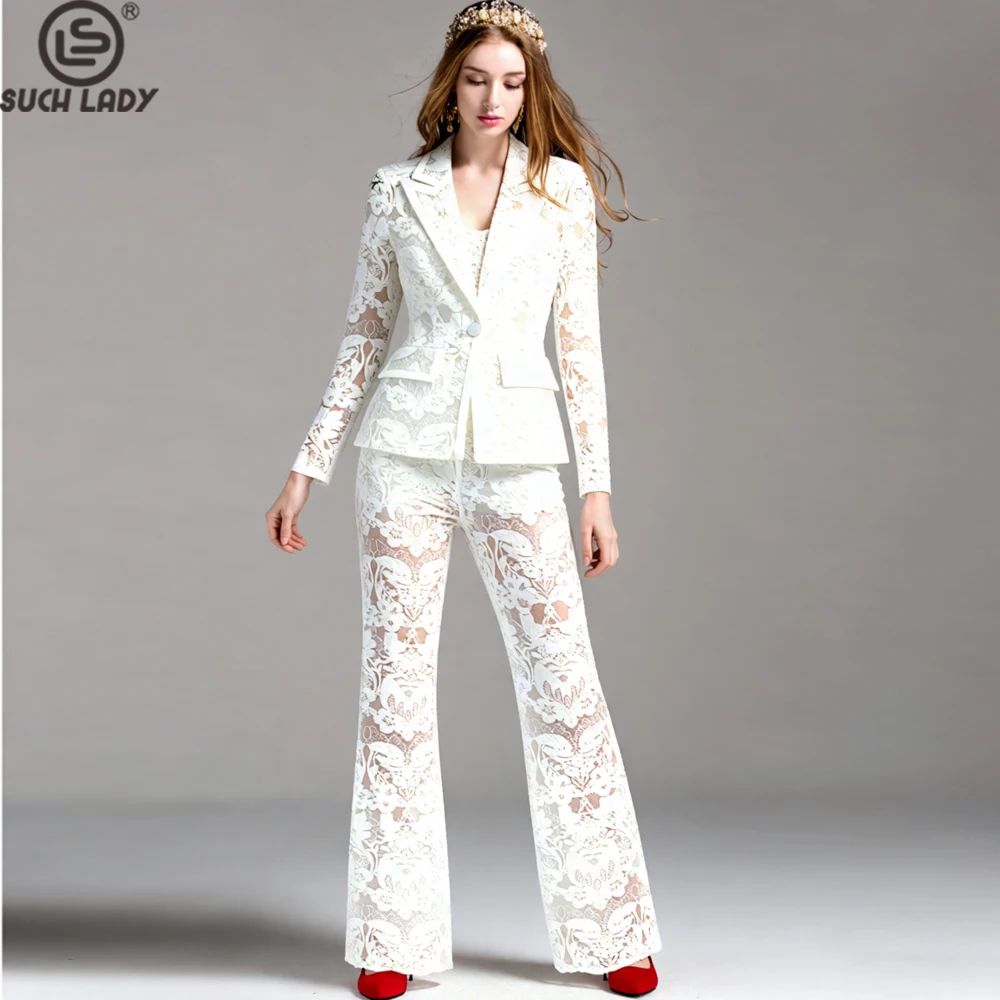

Women's Lace Blazer & Flare Pants 2 Piece Suit Set Elegant Sequined Floral Embroidery Formal Suits for Party, Wedding, Event