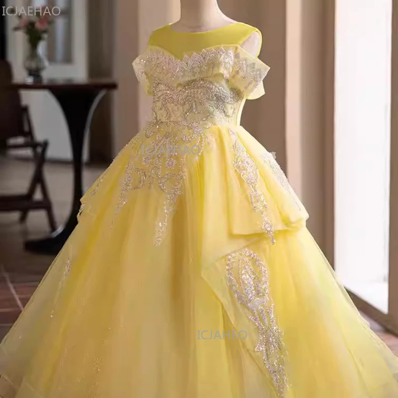 Girls Birthday Yellow Princess Dress Puffy Tulle Party Gown Children Pageant Host Performance Piano Flower Girl Wedding Occasion