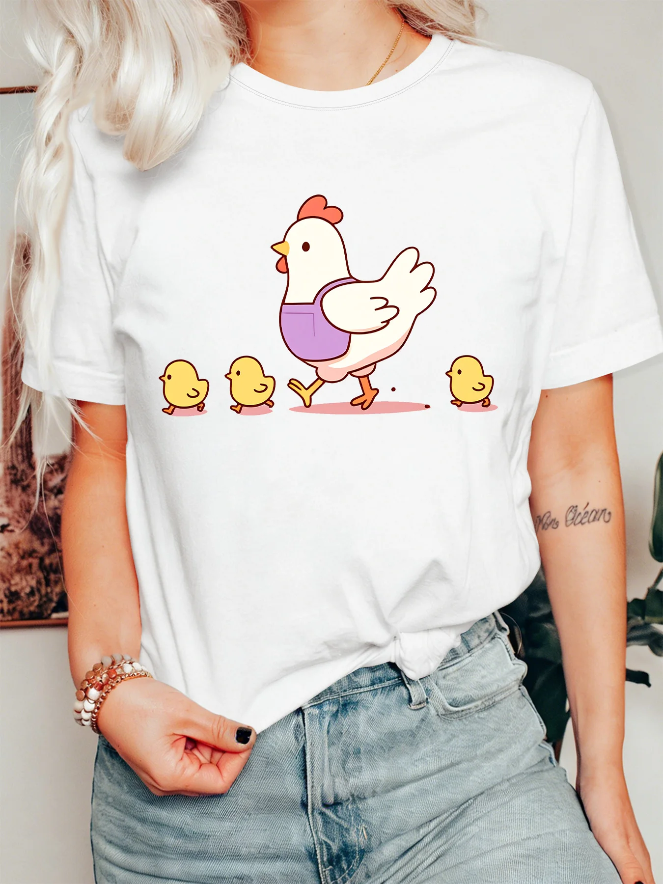 Lovely Farm Chicken Family Womens T Shirt Hen And Little Chicks Cartoon Graphic Tee Short Sleeve Casual Party Street Ladies Tops