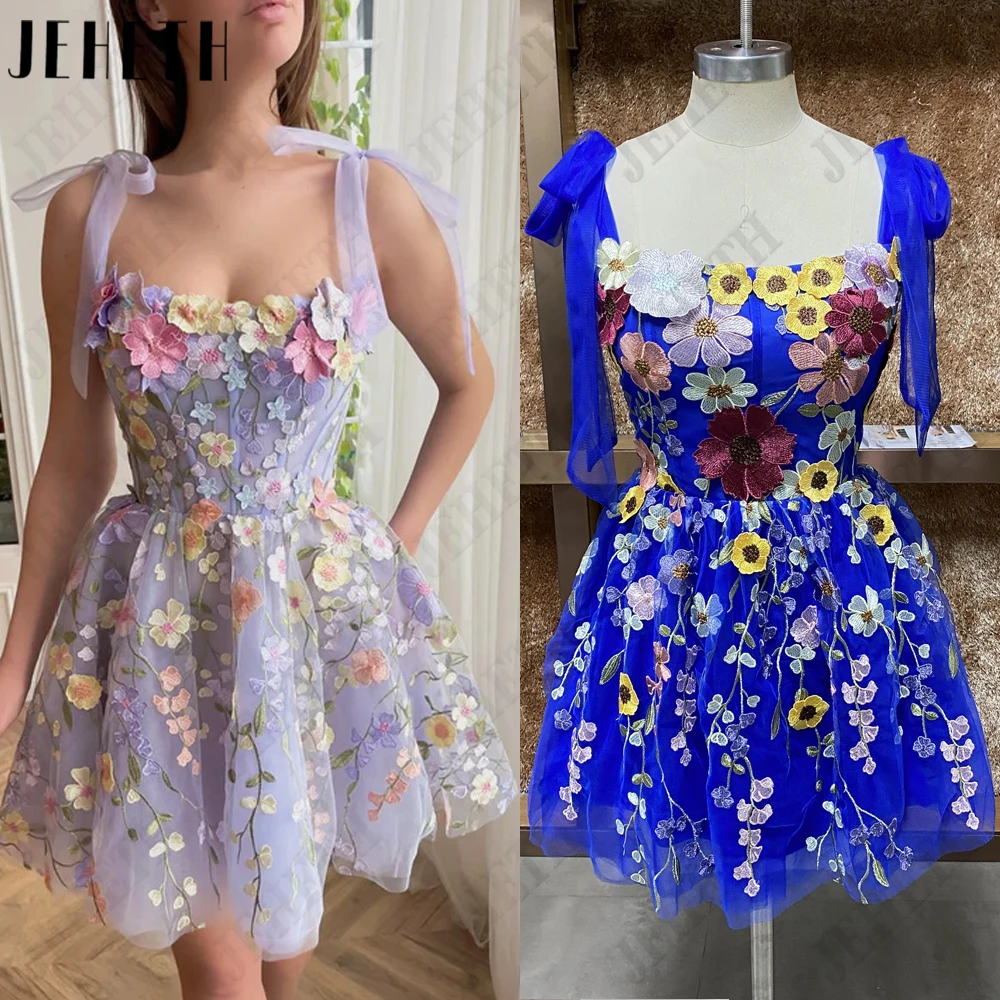 JEHETH Roxo Pastoral Prom Vestido Flores Evening Fairy Floral Spaghetti Straps Partido Vestido Backless A Line فساتين مناسبة رسمية Vestido de baile de flores Vestido de baile de costas Vestido floral 3D Vestido de noit