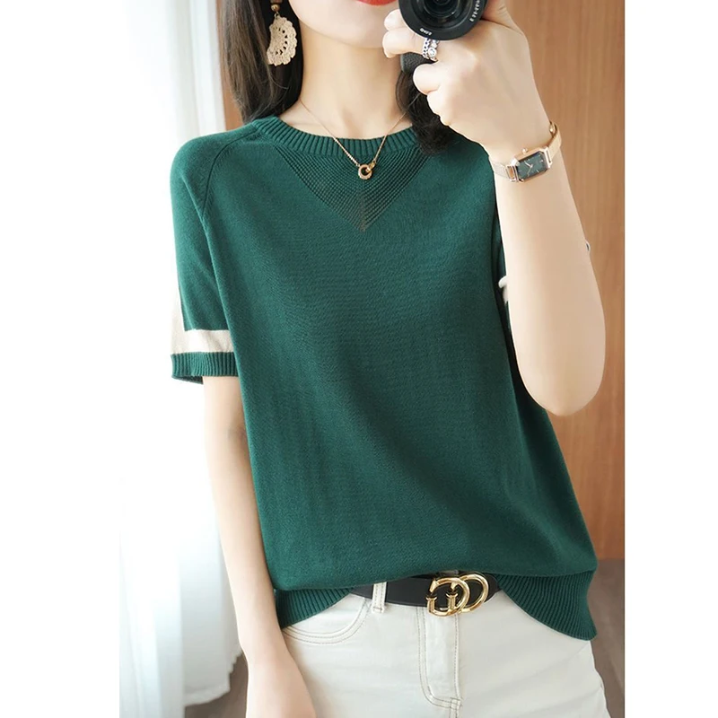 Summer New Round Neck Patchwork Knitting Pullover Top Women Short Sleeve Loose Casual All-match T-shirt Ladies Oversized Tees