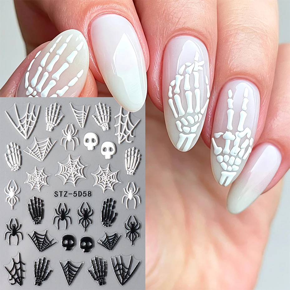 2pcs Halloween Spider Nail Stickers 3D Embossed Skeleton Hand Bone Spider Web Design Nail Art Decals Gothic Decorations Manicure