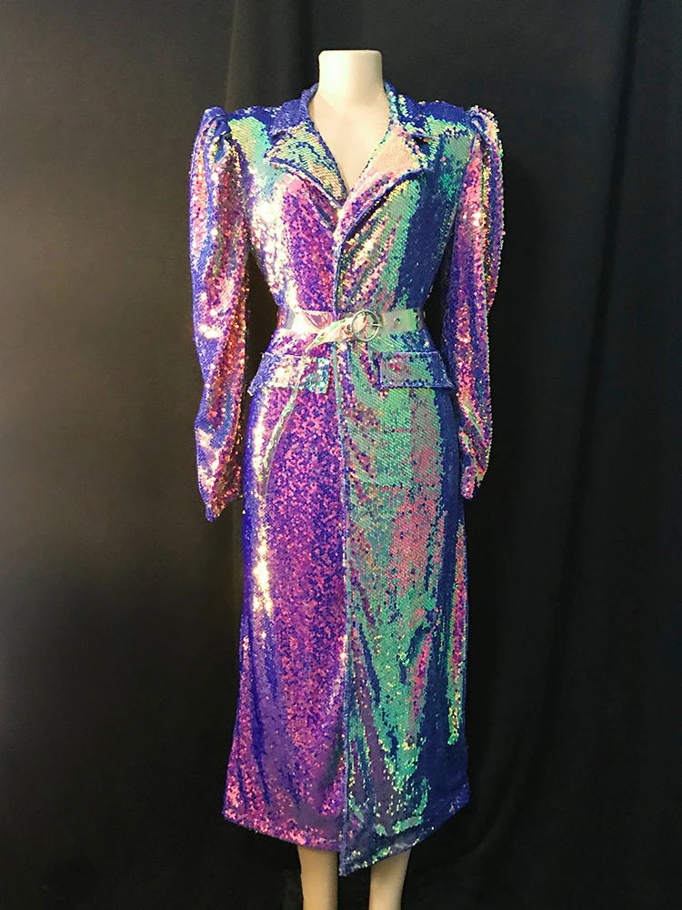 Bar Concert Stage Performance Glitter Sequins Long Coat Purple Blue Sequined Dress Cloak Nightclub Singer Drag Queen Costume