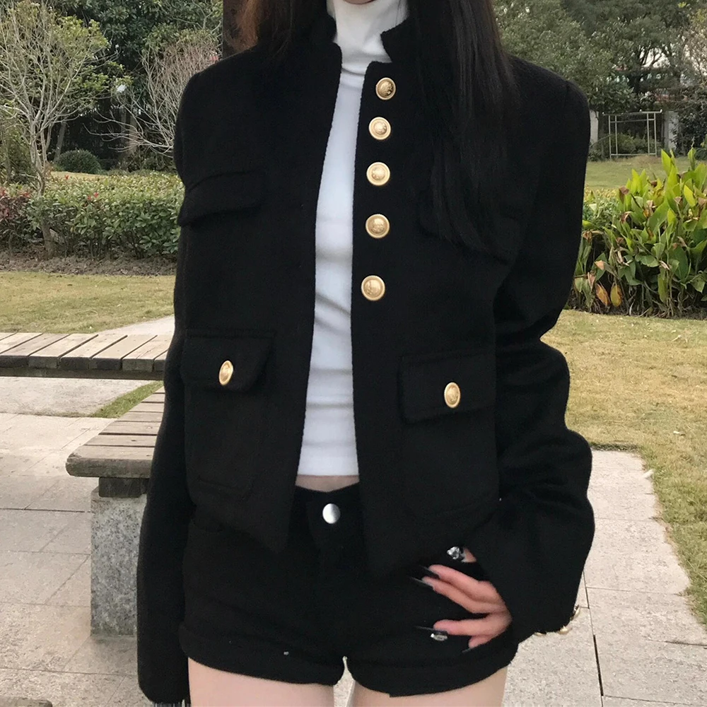 American Retro Ruffian Handsome Black Small Fragrant Short Coat Women's 2026 Autumn New Casual Front Shoulder Top