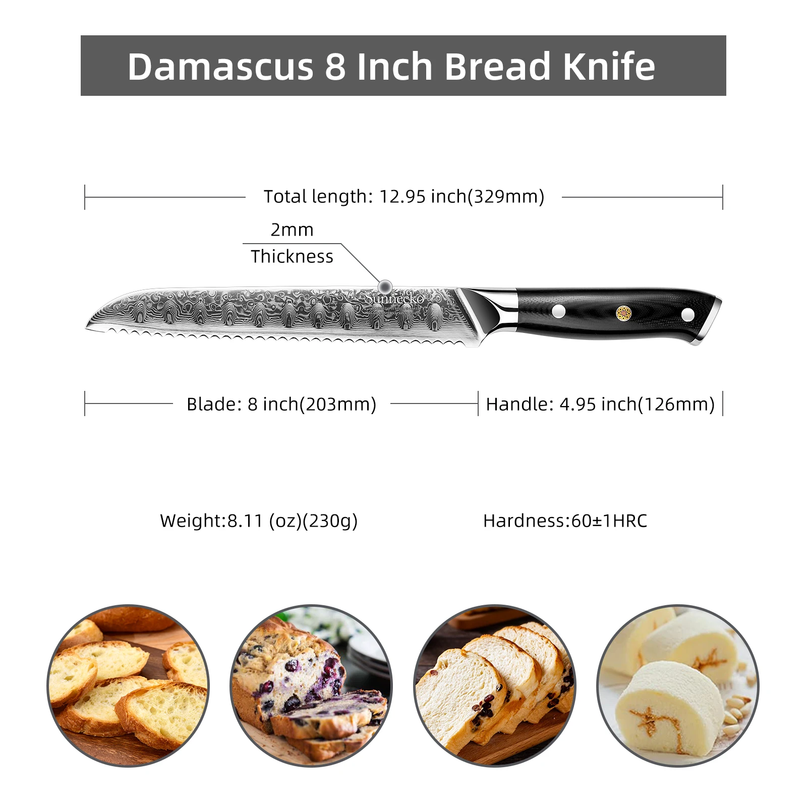 SUNNECKO 8 inch Damascus Bread Knife Japanese VG10 Steel Core Blade Razor Sharp Chef's Kitchen Baking Cooking Tool G10 Handle