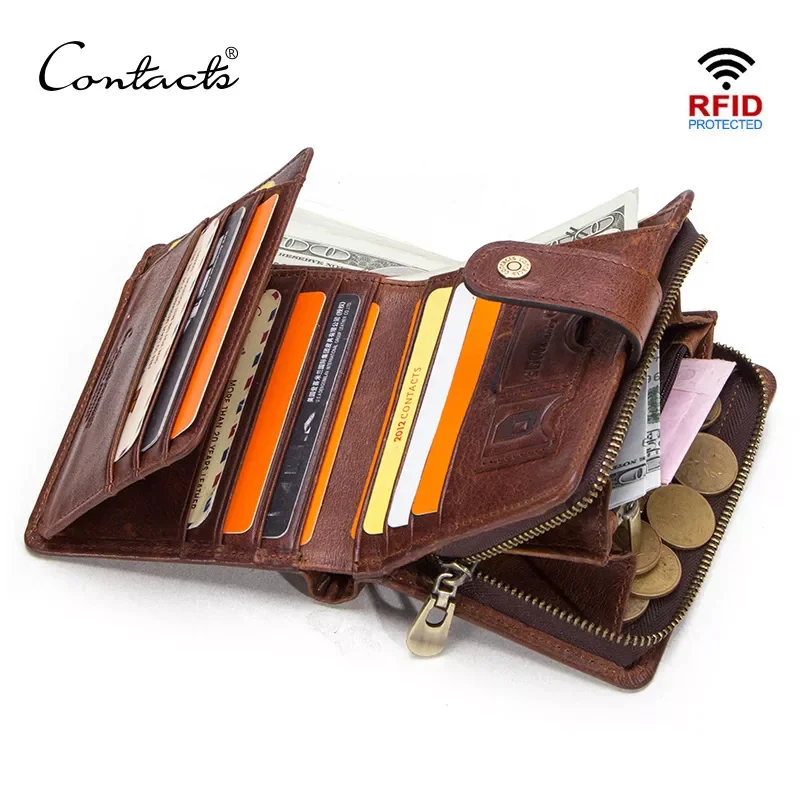 CONTACT'S Echtleder RFID Vintage Geldbörse für Herren mit Münzfach, kurze Geldbörsen, kleine Reißverschluss-Geldbörse mit Kartenfächern, Herren-Geldbörse
