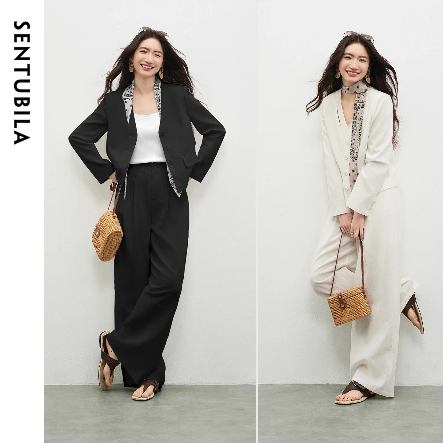 

Комплект из 2 предметов SENTUBILA из лиоцелла для женщин, весна 2026: съемный шарф, блейзер с V-образным вырезом, прямые брюки, новинка, в тон, артикул 161ZE5007