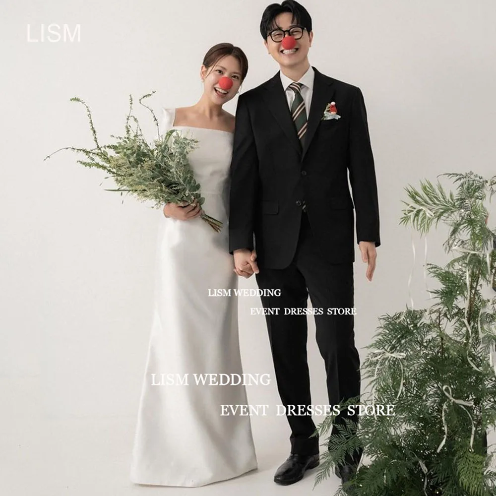 

LISM Elegant Square Neck Korea Wedding Dresses Photos Shoot Long Sleeves Satin Bride Gowns Floor Length Custom Bridal Dress