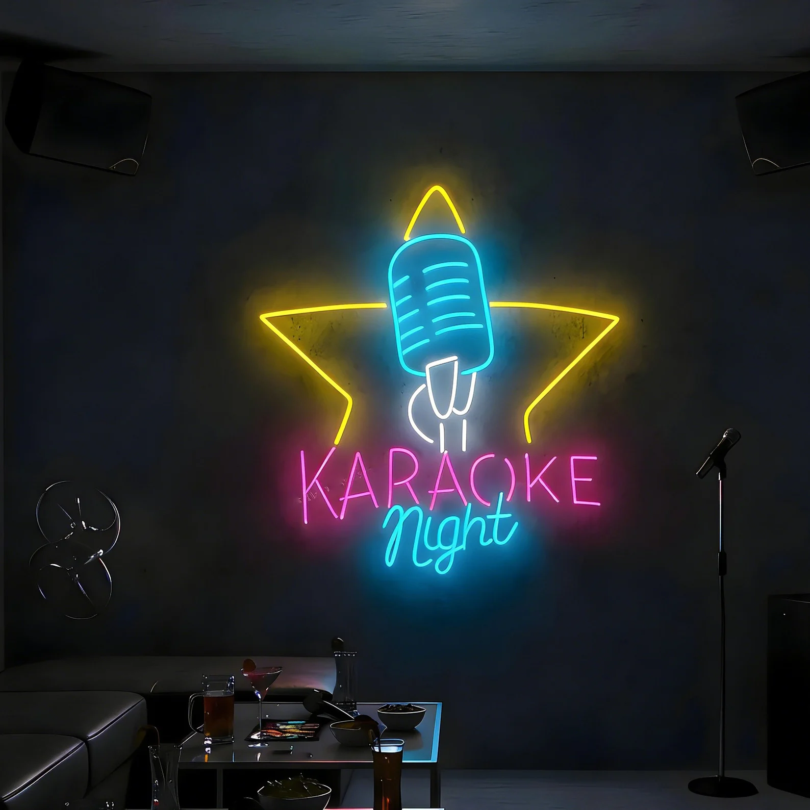 

Неоновая вывеска «Караоке-вечер», светодиодный настенный декор в виде микрофона для домашней развлекательной комнаты или декора караоке-бара, подарок для друзей или любителей музыки