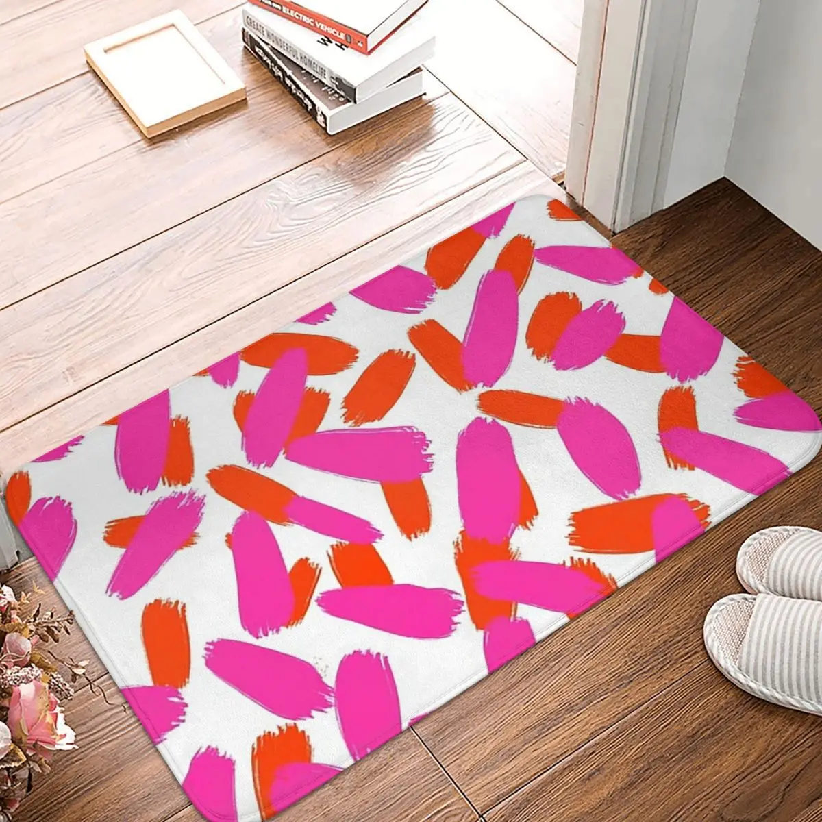 Hot Pink And Orange Dash Brushstrokes Anti-slip Doormat Floor Mat Carpet Rug for Kitchen Home Bathroom Living room Footpad Mats