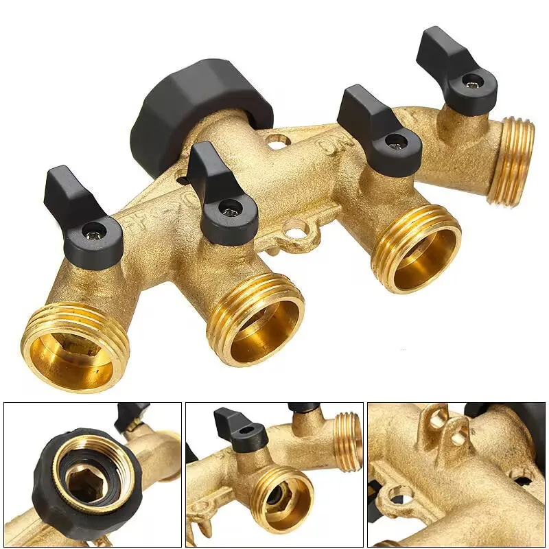 3/4 Inch Brass 4 Way Hose Splitter Adapter Connector Four Outlet For Cars Garden Watering System Valve Control