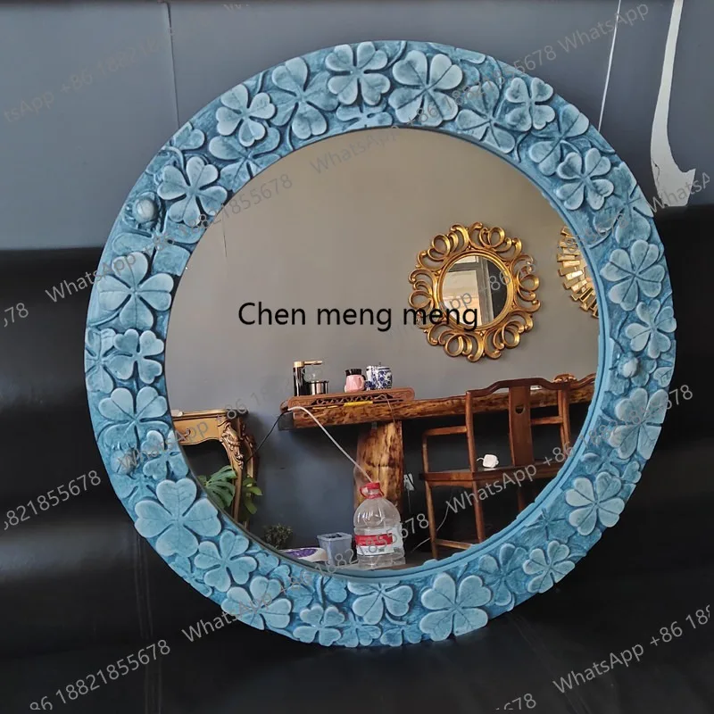 Mediterranean style makeup mirror wall dressing bathroom entrance mirror decorative four-leaf clover wall hanging mirror
