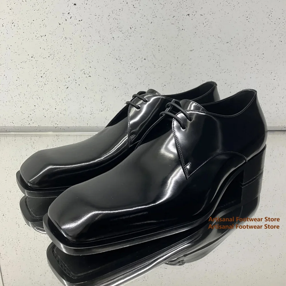 

Black Shiny Leather Square-Toe Derby Shoes Handsome Lace-Up Men's Shoes Wear-Resistant Vintage Style Handmade Men's Shoes