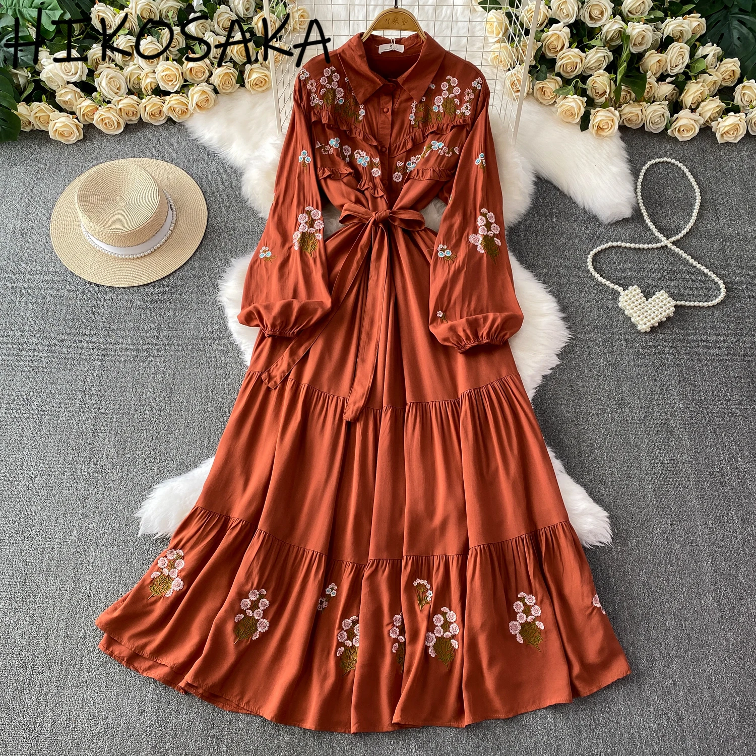 

French Style Vintage Embroidery Ruffled Big Swing Robe Turn-down Collar Lantern Sleeve Slim Waist Dress Women Chic A-line Ropa
