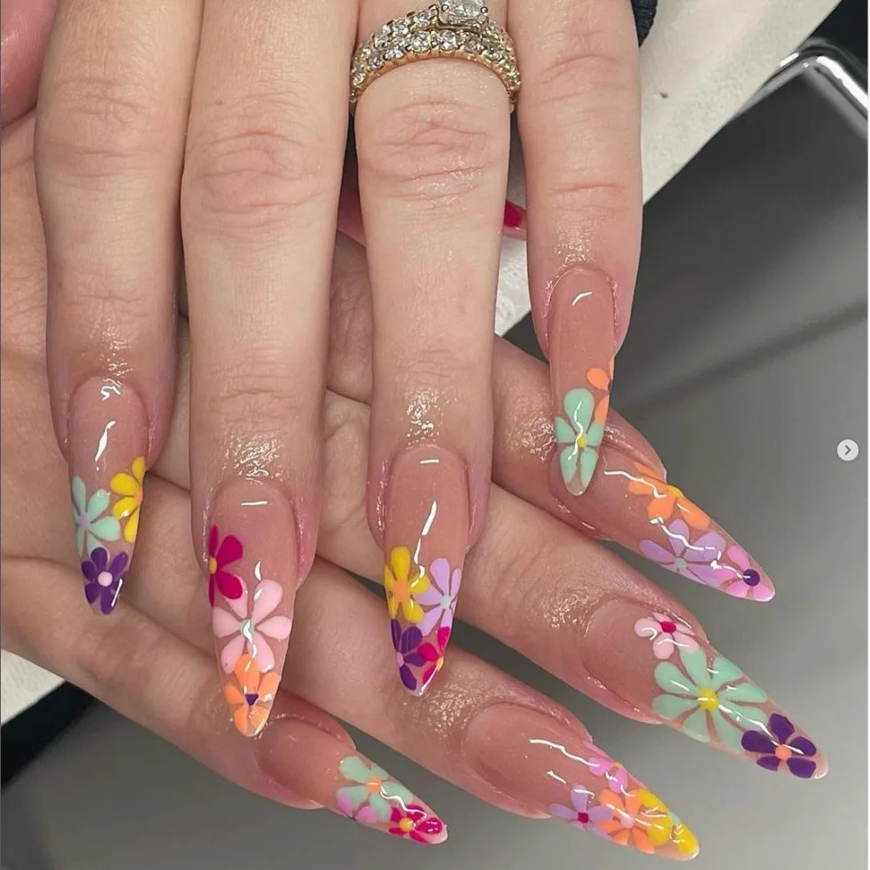

24Pcs Long Almond False Nail with Colorful Flower Design Press on Fake Nails for Woman Reusable Artificial Full Cover Nails Tips