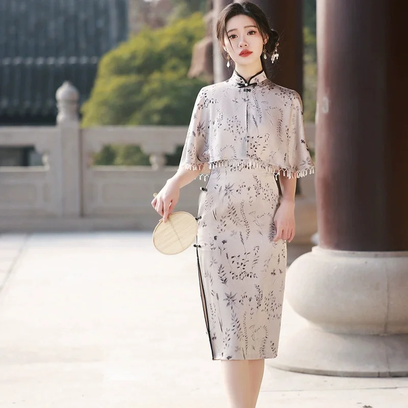 Qipao 2025 New Style Improved Youthful Temperament Spring and Summer Long Sleeved Shawl Set Elegant Dress