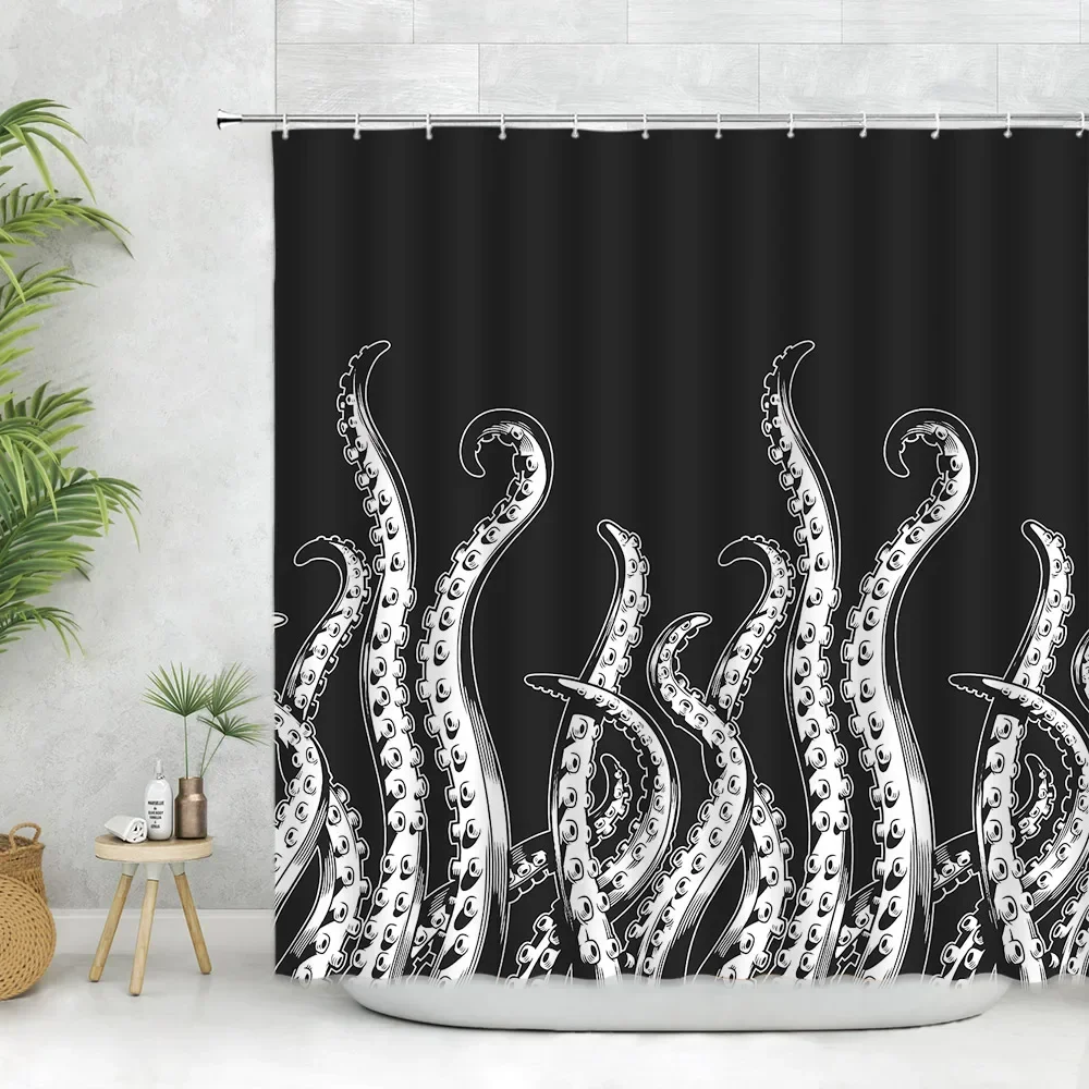 Octopus Shower Curtain Marine Life Blue Black Tentacles Print Simple Bathroom Decor Fabric Bathroom Accessories set Bath Curtain