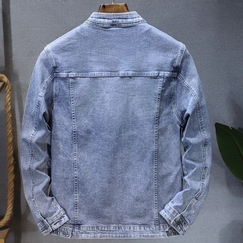2026 new spring and autumn styles Solid color simple men's denim jacket Men's stand collar light blue denim jacket