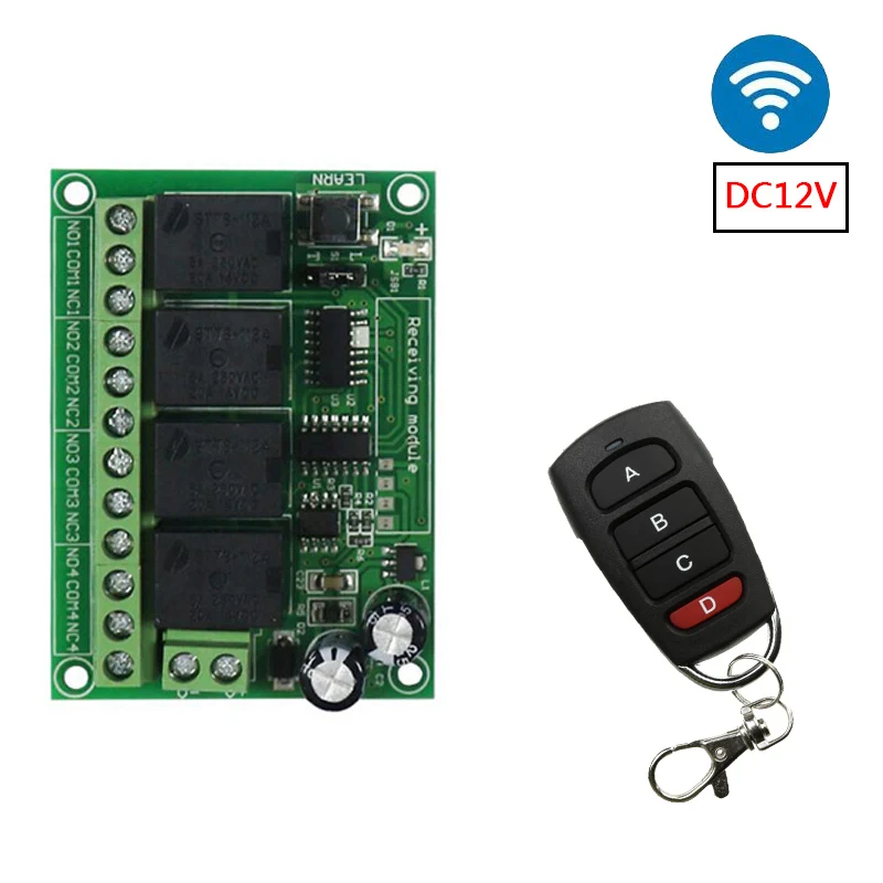 433MHz Universal Remote Control DC 12V 4CH RF Wireless Relay Receiver and Transmitter,for Garage/Light/Motor/LED