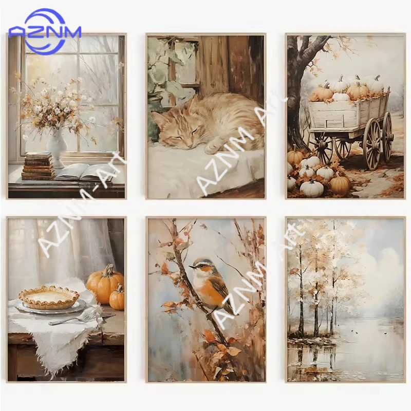 1PC ，Retro Autumn Landscape Flower Pumpkin Garden Ghost Trees Posters Canvas Printing Wall Art Picture for Kids Room Home Decor